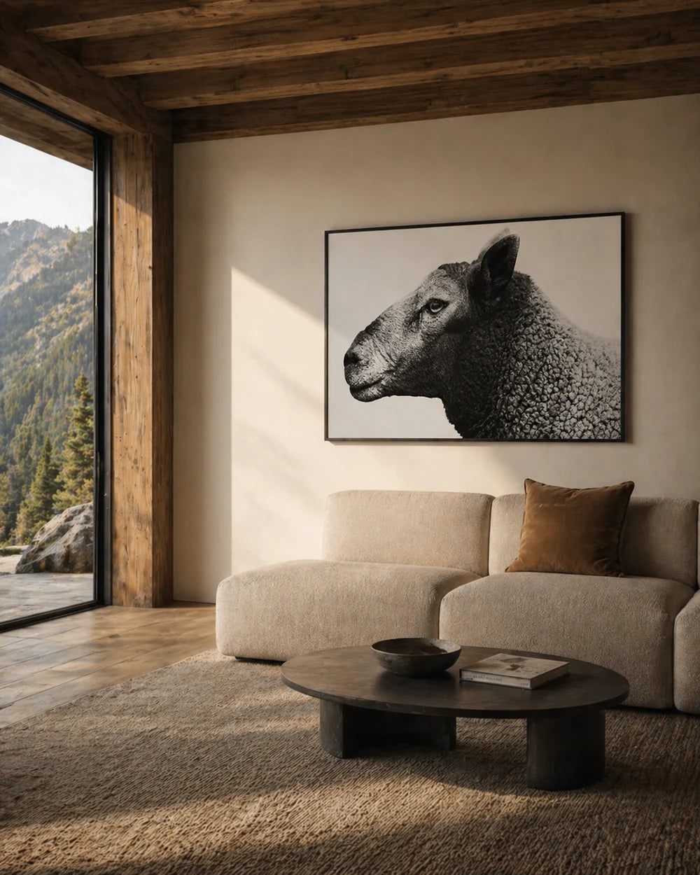 Sepia triptych of running horses installed above a console table in a modern entryway